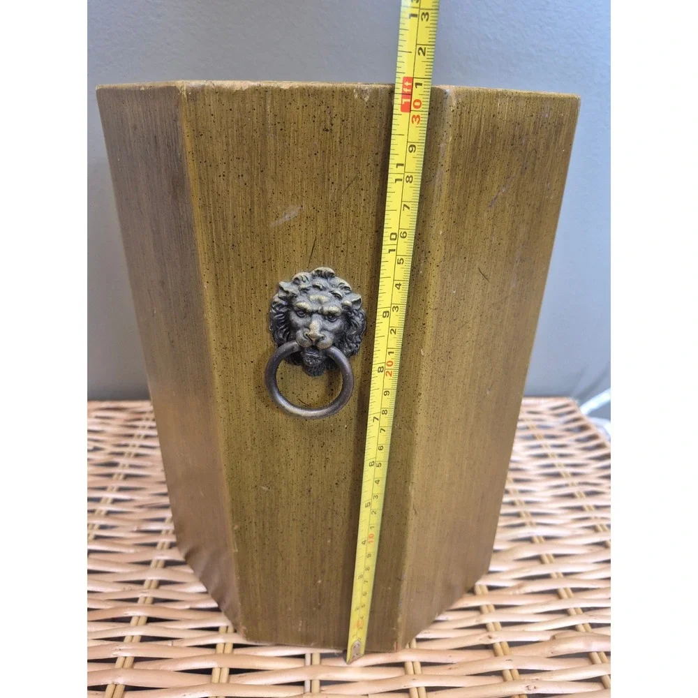 Vintage Hollywood Regency Wood Wastebasket Lion Head Trash Can Umbrella Stand